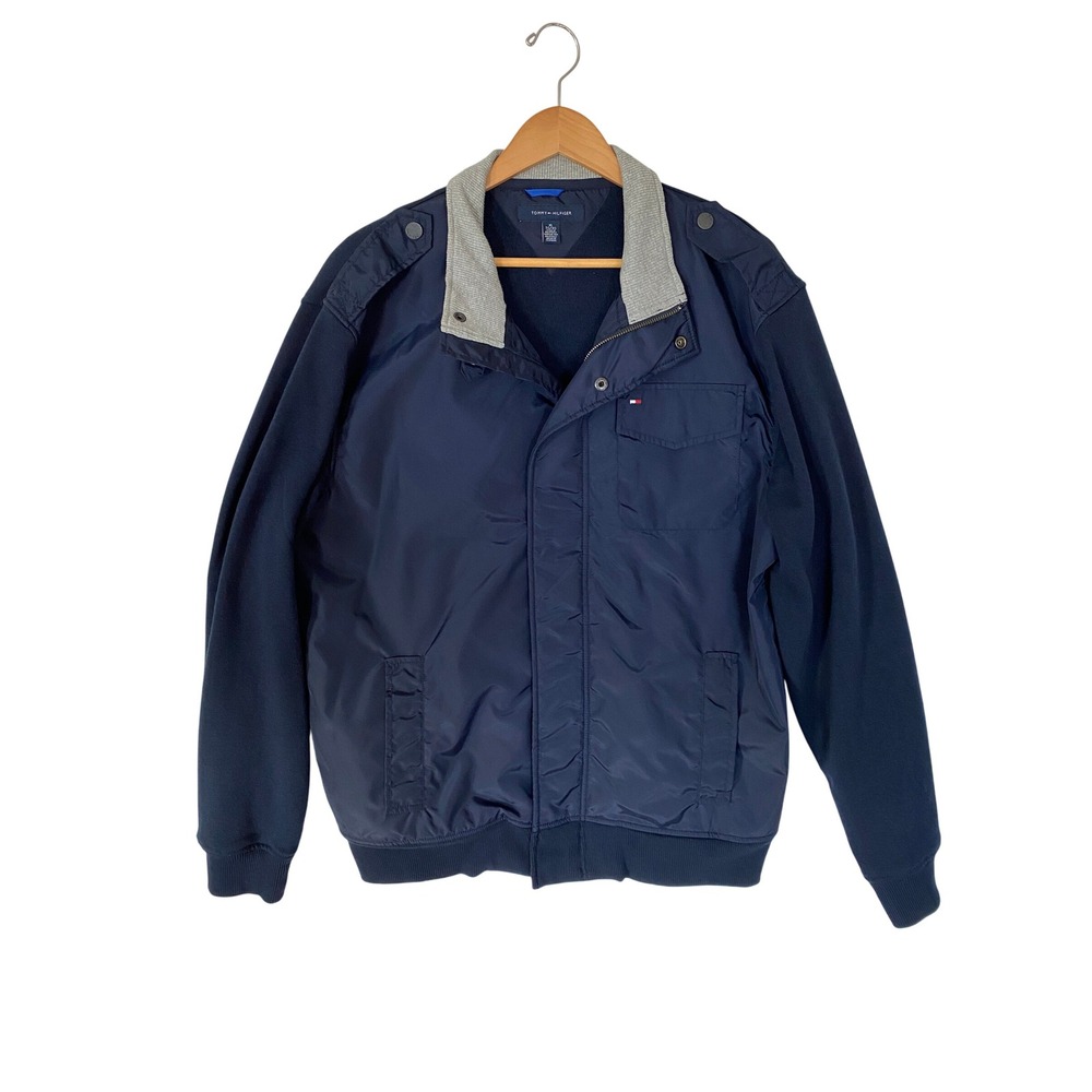 Tommy Hilfiger Navy Bomber Jacket Mens XL Ribbed Collar Pockets‎ Full Zip Casual